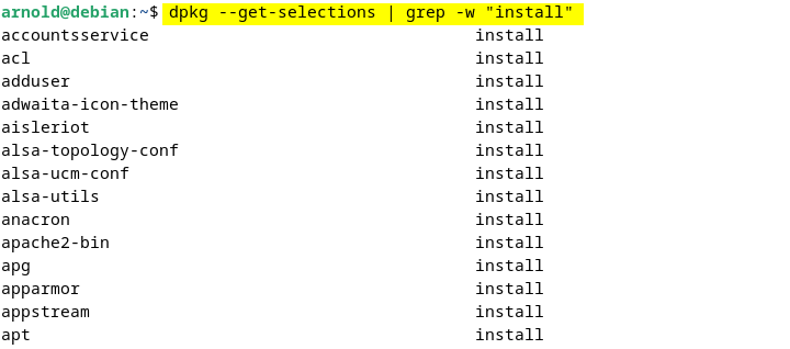 listing all debian packages marked with the selection state “install” in the dpkg database using dpkg --get-selections | grep -w "install" | head command.