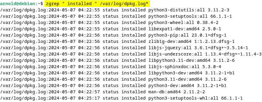 listing log details of installed packages in Debian 12 using zgrep " installed " /var/log/dpkg.log* command.