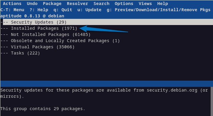 listing installed packages on Debian 12 using aptitude package manager.