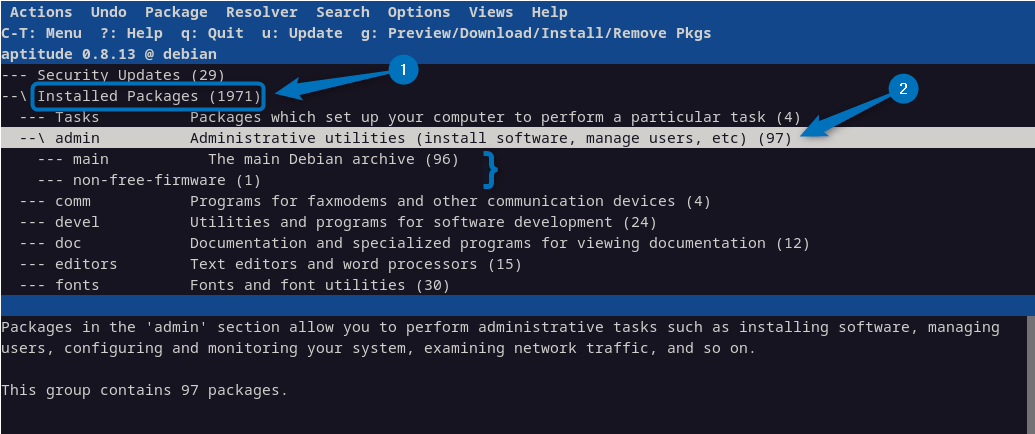 listing installed packages on Debian 12 using aptitude package manager.