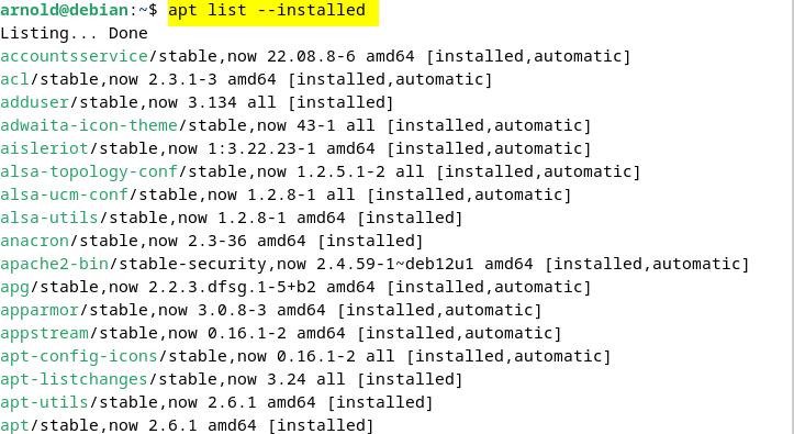 Listing installed packages on Debian 12 using apt list --installed command