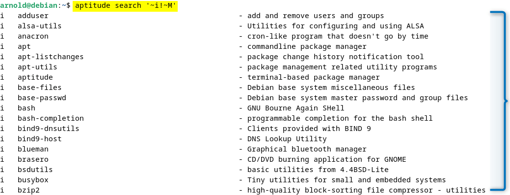 Listing manually installed packages on Debian 12 using aptitude search '~i!~M' command.
