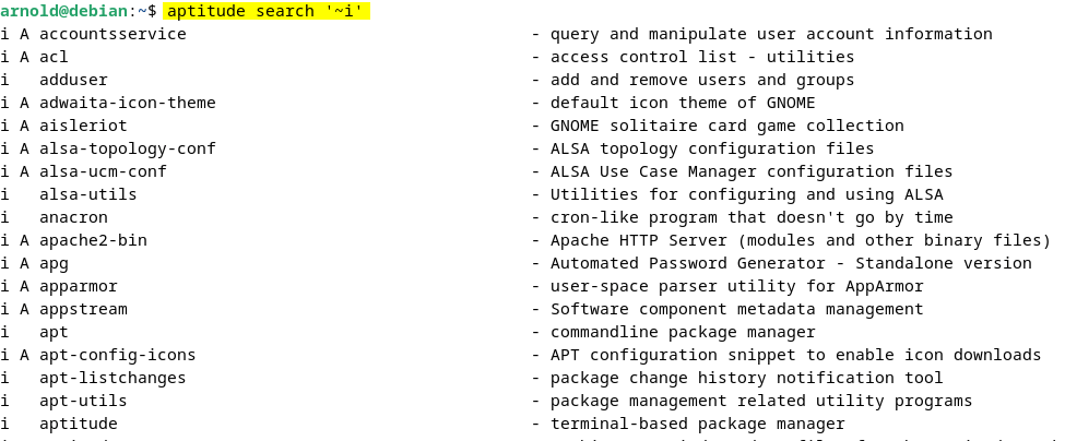 listing packages installed manually and automatically on Debian 12 using aptitude search '~i'