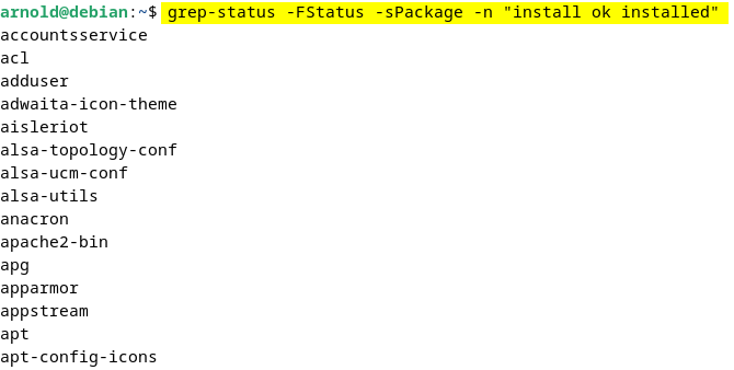 listing Debian installed packages on Debian 12 using grep-status -FStatus -sPackage -n "install ok installed command.