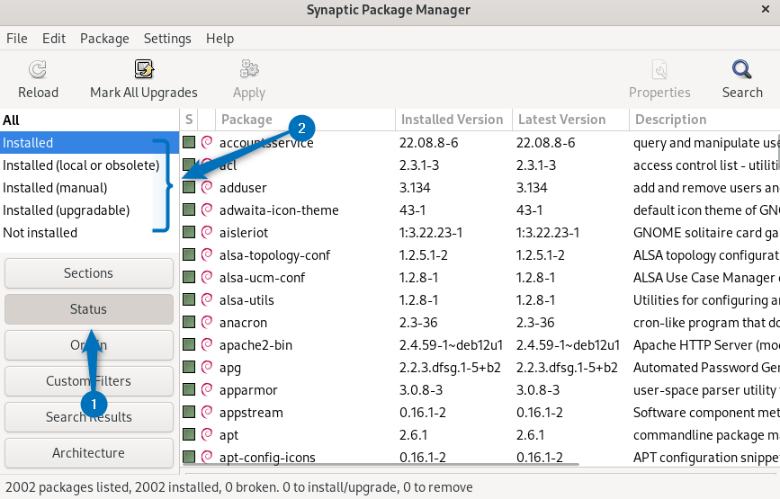listing installed packages in Debian 12 using synaptic package manager.