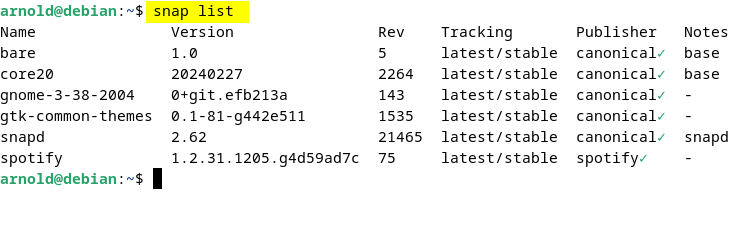 listing installed Debian 12 packages through Snap package manager.