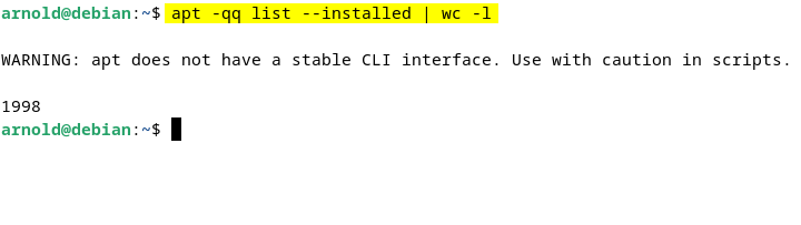 listing total number of installed packages on Debian 12 using apt -qq list --installed | wc -l command