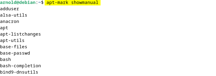 listing manually installed package on Debian 12 using apt-mark showmanual command