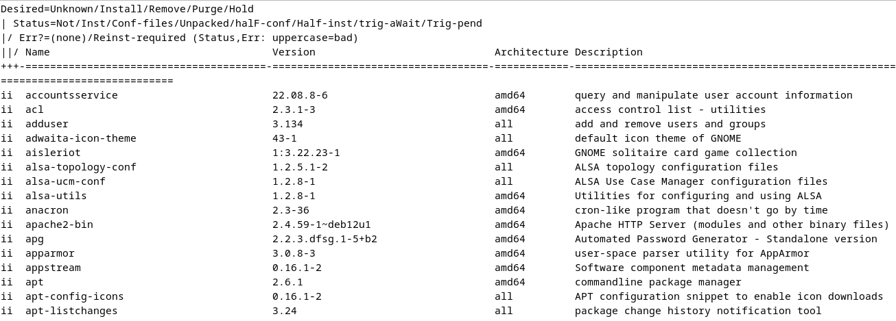 listing Debian installed packages using sudo dpkg -l | less command.