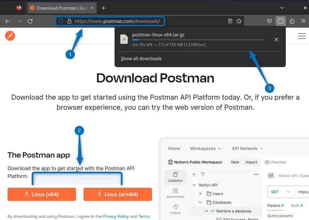 Downloading Postman Desktop app Tar file on Debian 12