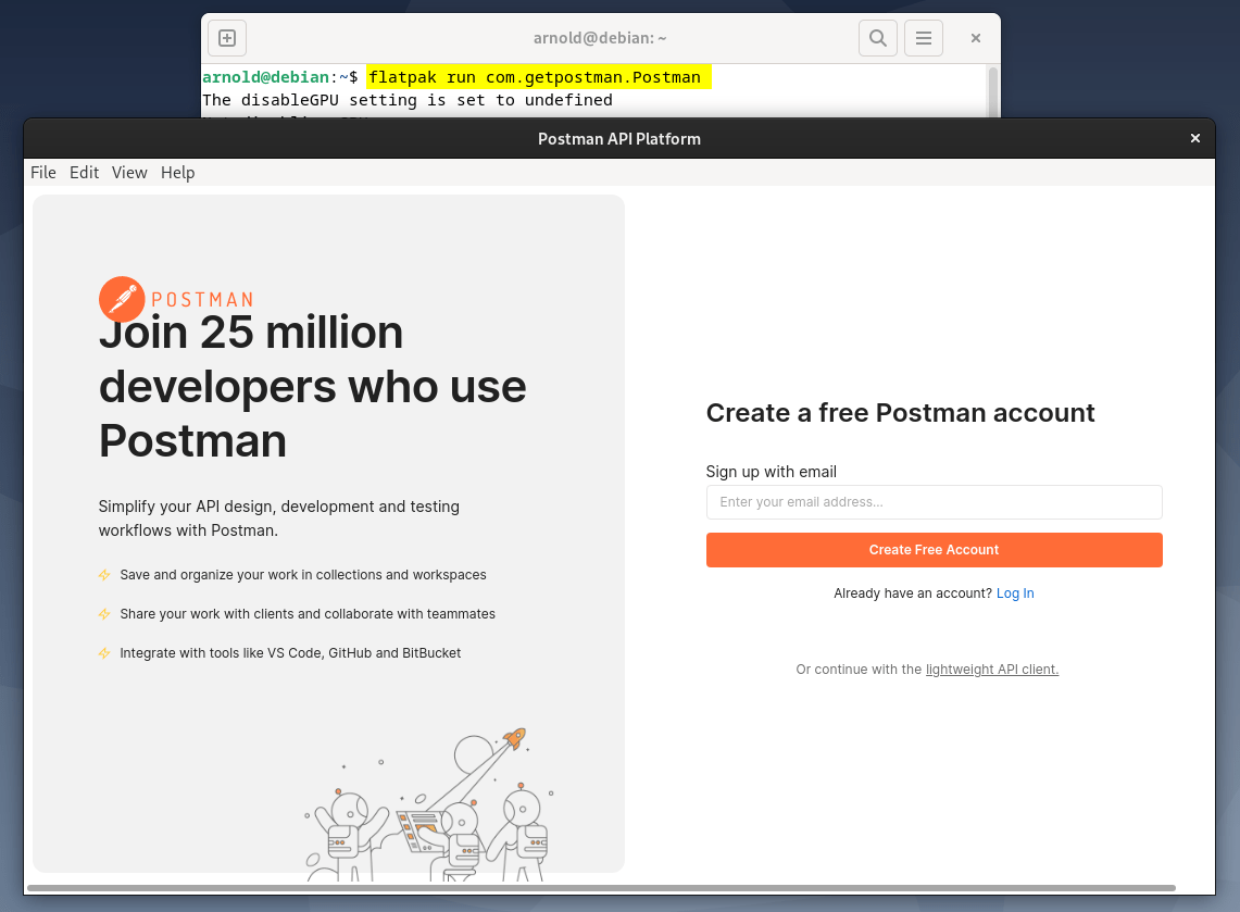 launching Postman on Debian 12 installed through Flatpak Package manager