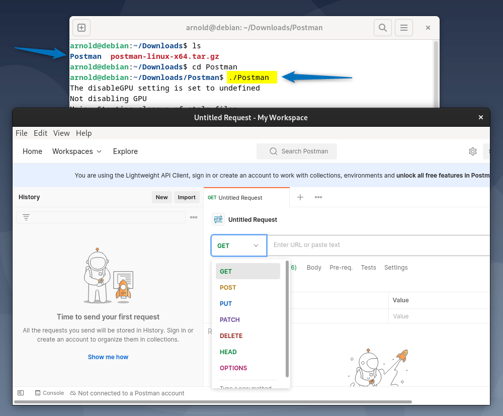 launching Postman on Debian 12 through its extracted file