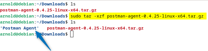 Extracting the Postman agent file on Debian 12 