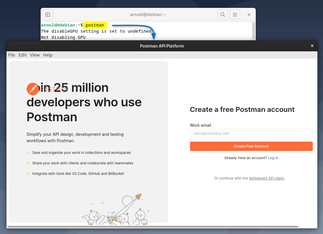 launching Postman on Debian 12 installed through Snap Package manager