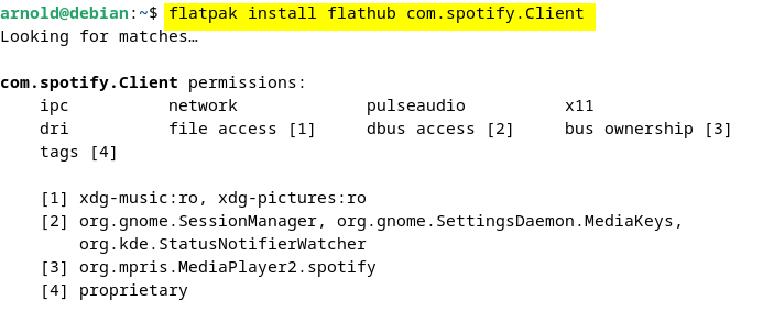 Installing Spotify on Debian 12 using Flatpak package installer