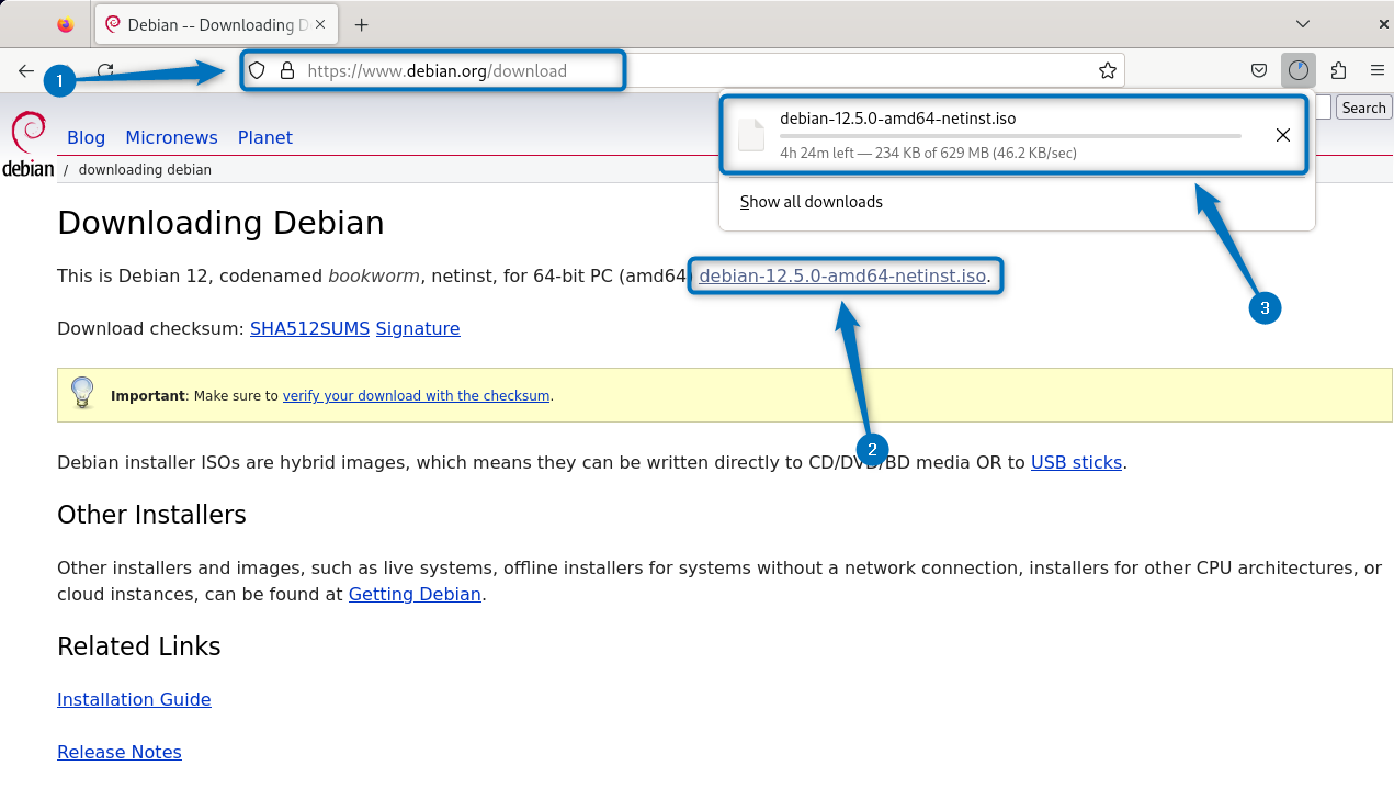 Downloading Debian 12 for creating its virtual machine on Vmware