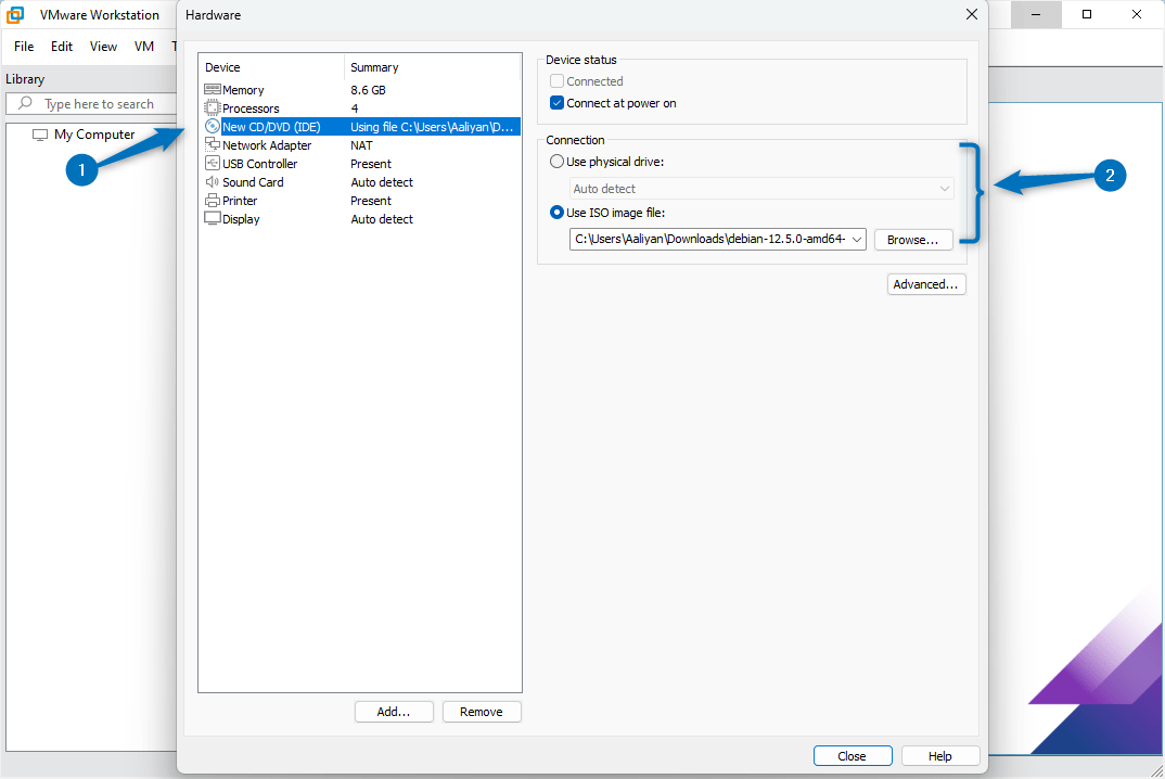 Adding the Debian 12 ISO File path in WMware.