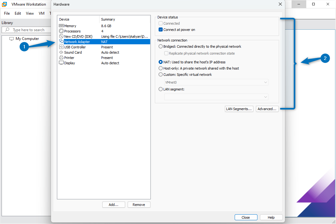Network adaptor settings for Debian 12 virtual machine in WMware.