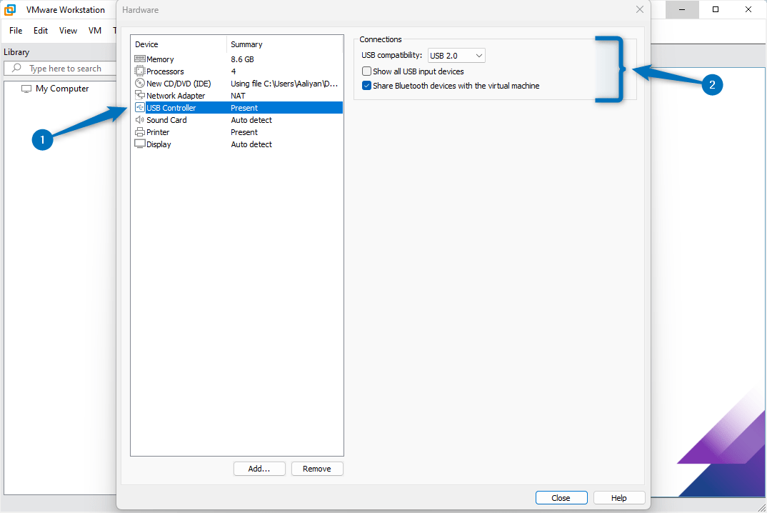 USB controller settings for Debian 12 virtual machine on VMware