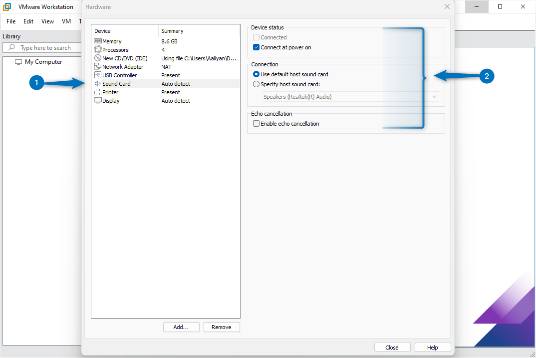 Sound card settings for Debian 12 virtual machine on WMware