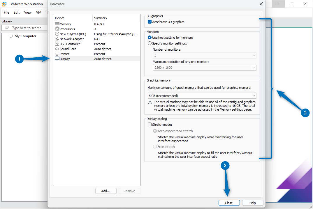 Display settings for Debian 12 virtual machine on WMware.