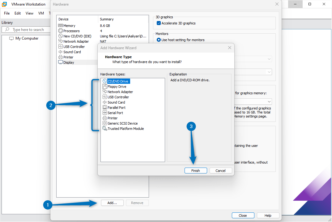Adding more hardware settings for Debian 12 virtual machine on VMware.