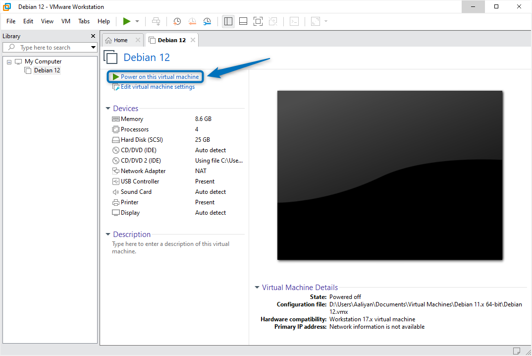 Launching Debian 12 virtual machine on WMware.