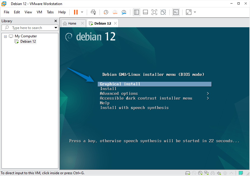 Installing Debian 12 on VMware by selecting Graphical Install option.