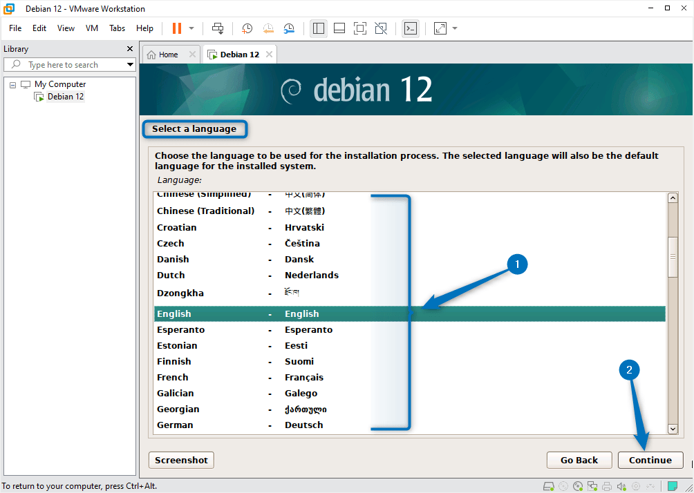 Choosing language for Debian 12 installer setup on WMware.