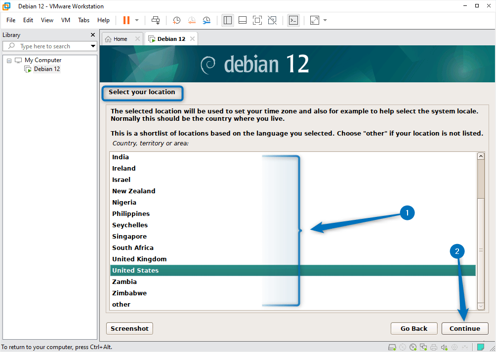 Selecting the location for Debian 12 while installing it on VMware.