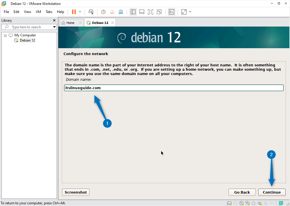 Entering the domain name for installing Debian 12 on VMware.