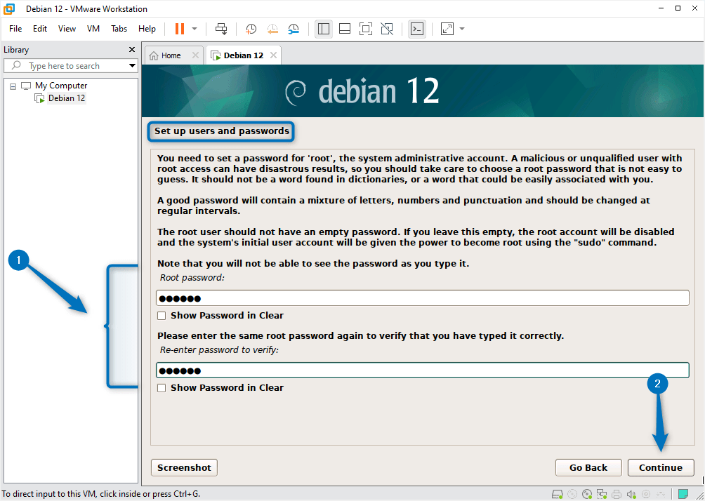 Setting password for root account for installing Debian 12 on VMware.