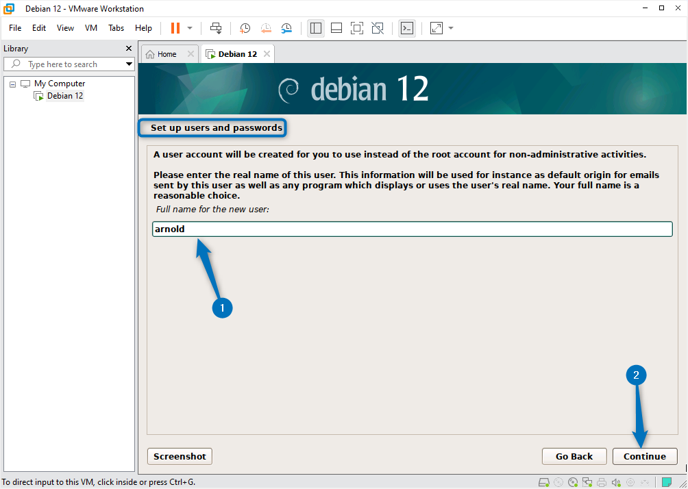 Setting a full name for new user while installing Debian 12 on VMware
