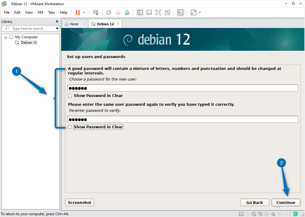 Settings password for the new user account on Debian 12 while installing it on VMware.