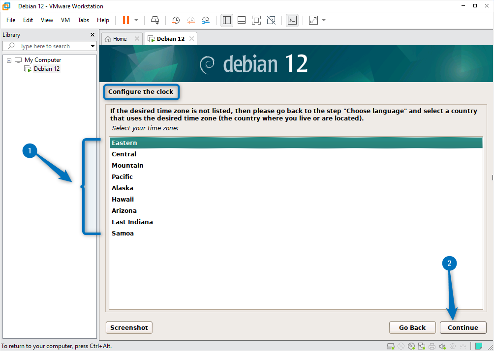 Selecting the clock region based on the location for while installing Debian 12 on VMware.