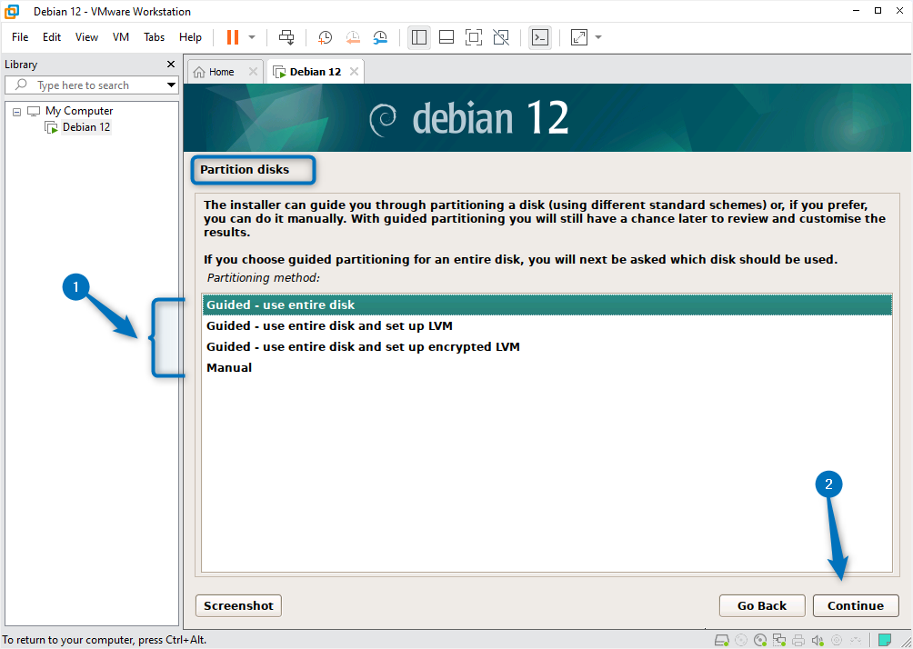 Selecting the disk partition method for Debian 12 while installing it on Vmware.