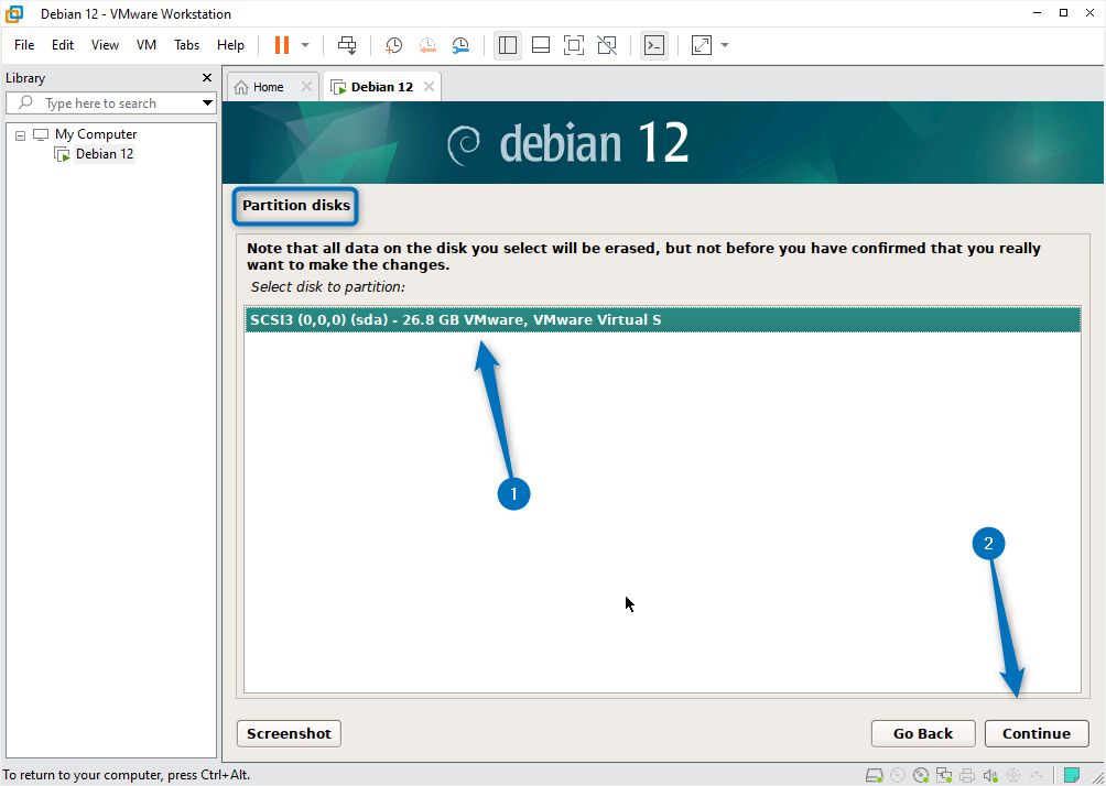 Selecting the partition disk for Debian 12 while installing it on Vmware.