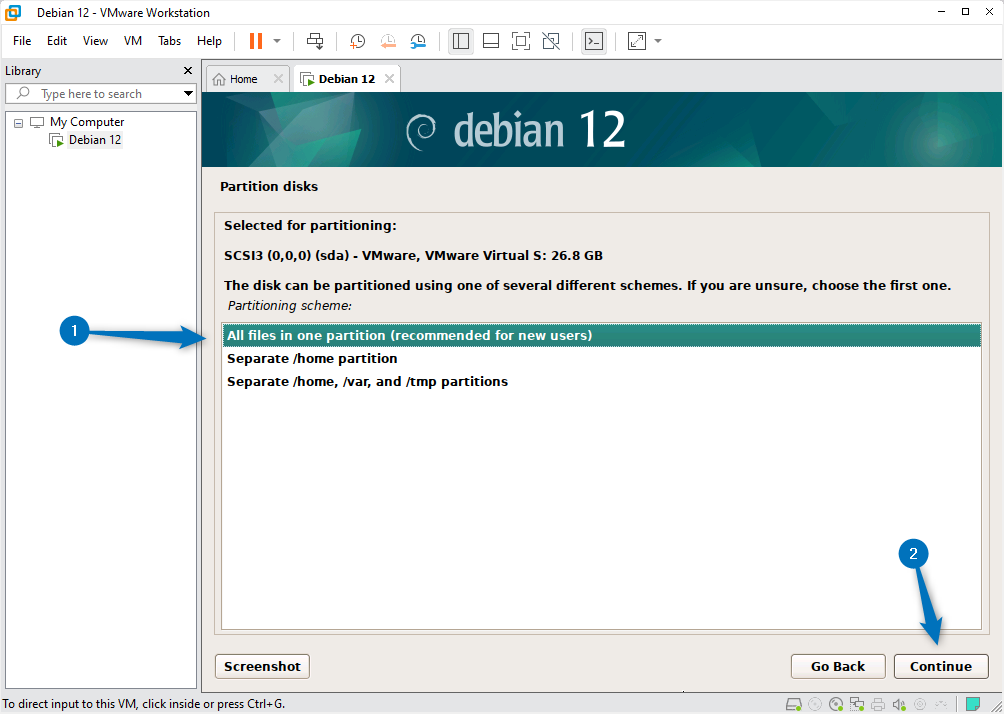 Selecting the partition disk scheme for Debian 12 while installing it on Vmware.