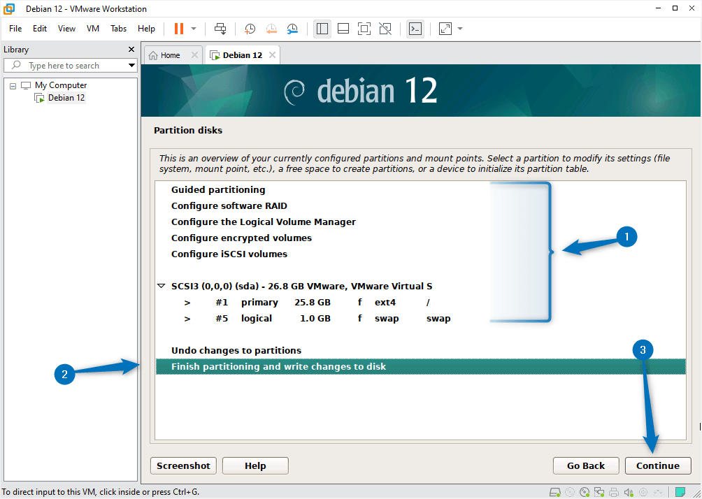 Finish partitioning and writing changes to disk while installing Debian 12 on VMware.