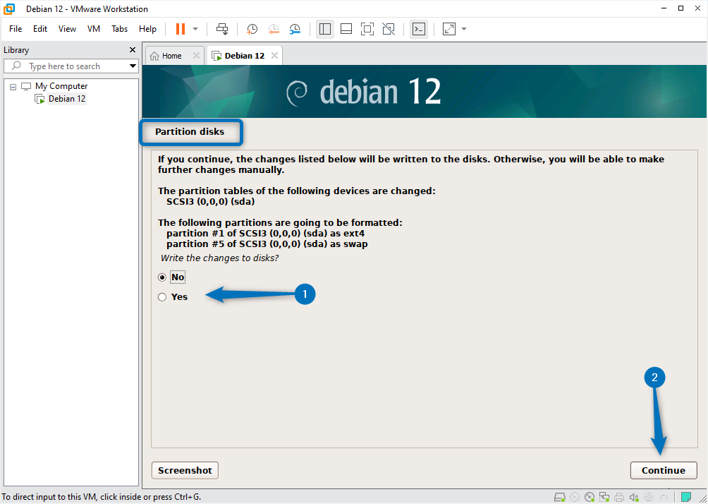 Formatting Debian 12 partition disks while installing it on VMware.