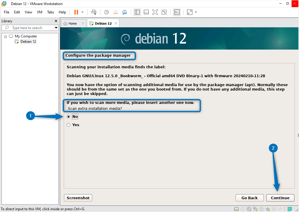 scanning for any additional media for Debian 12 while installing it on VMware.