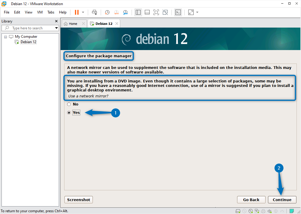 Adding network mirror for Debian 12 package manager while installing it on VMware.