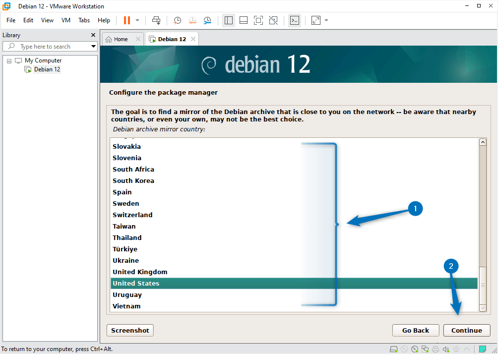 Setting location of mirror list server on Debian 12 while installing it on VMware.