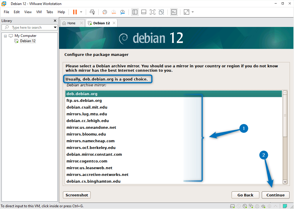 Selecting mirror list server based on the location of Debian 12 while installing it on VMware.