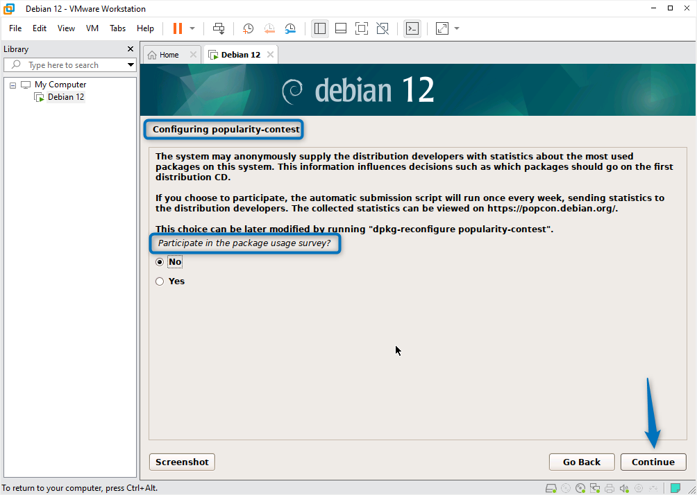 participating in a popularity-content based on package usage survey on Debian 12 while installing it on Vmware.