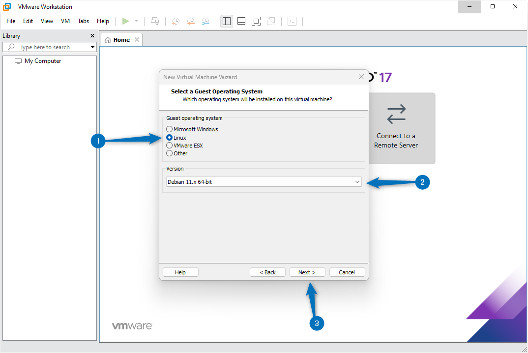 Selecting Guest operating system and version for Debian 12 on VMware