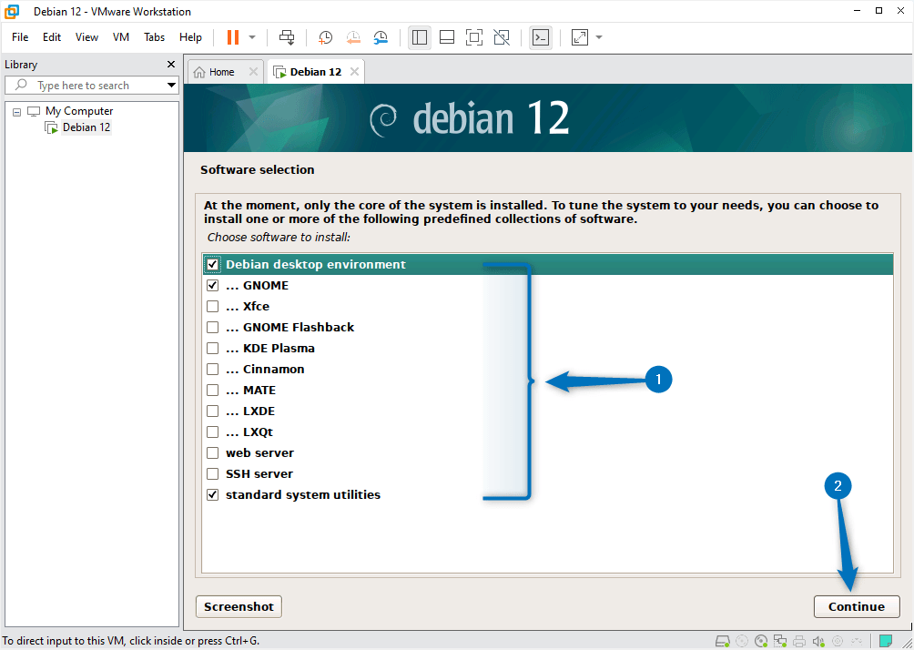 Selecting the Desktop environment and other software tools on Debian 12 while installing it on Vmware