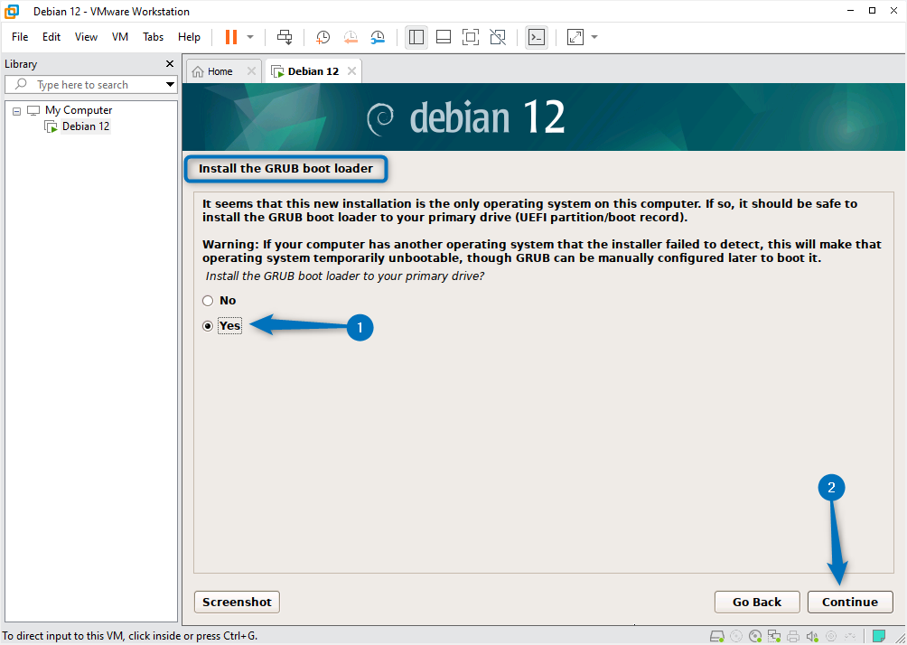 installing GRUB bootloader for Debian 12 while installing it on VMware.