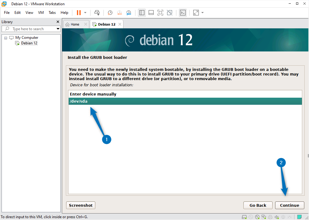 Selecting disk for installing GRUB boot loader for Debian 12 while installing it on VMware.