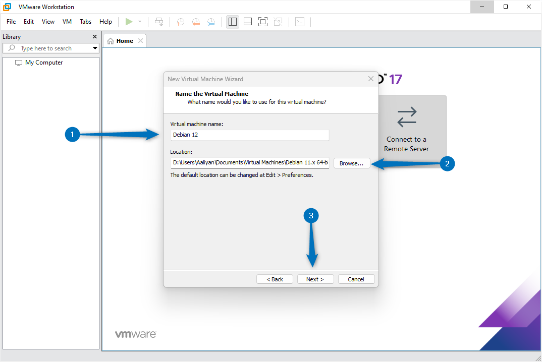 Setting the location for installation directory and naming the machine name on VMware